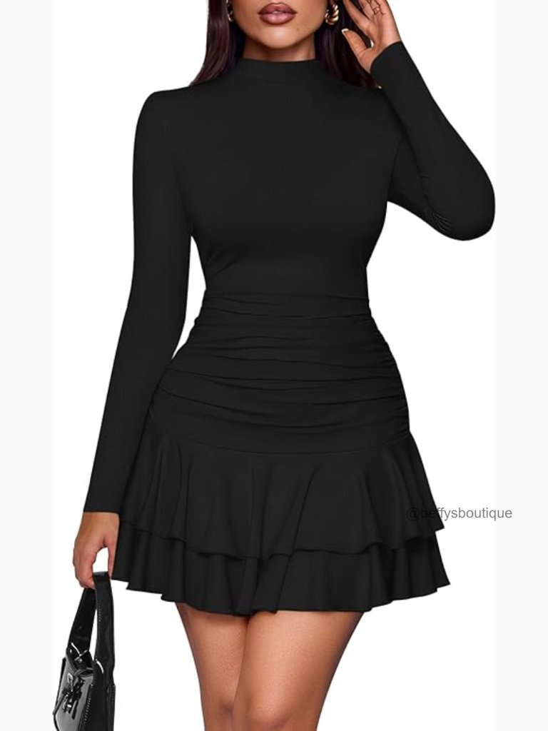 Long Sleeve Mock Neck Ruched Bodycon Mini Dress Ruffle Layered Y2k